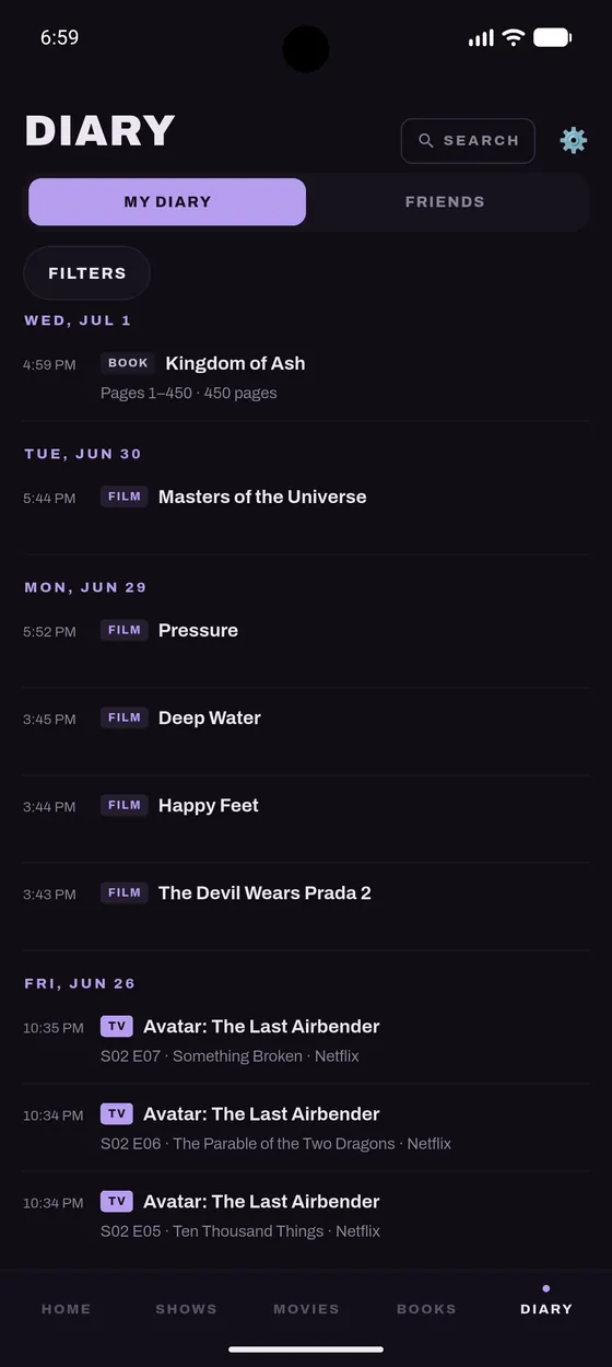 The Nxtory diary, showing recently logged entries
