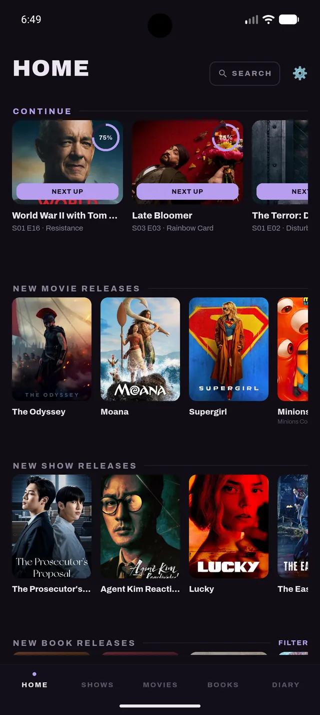 The Nxtory home screen, showing shows, movies and books in progress